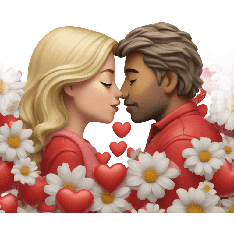 Hyper Realistic Couple kissing surrounded by red hearts and flowers  emoji