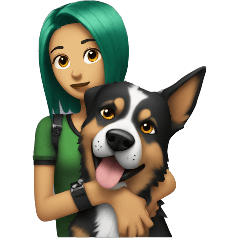 punk girl with green and black hair hugging a german shepard dog with floppy ears emoji