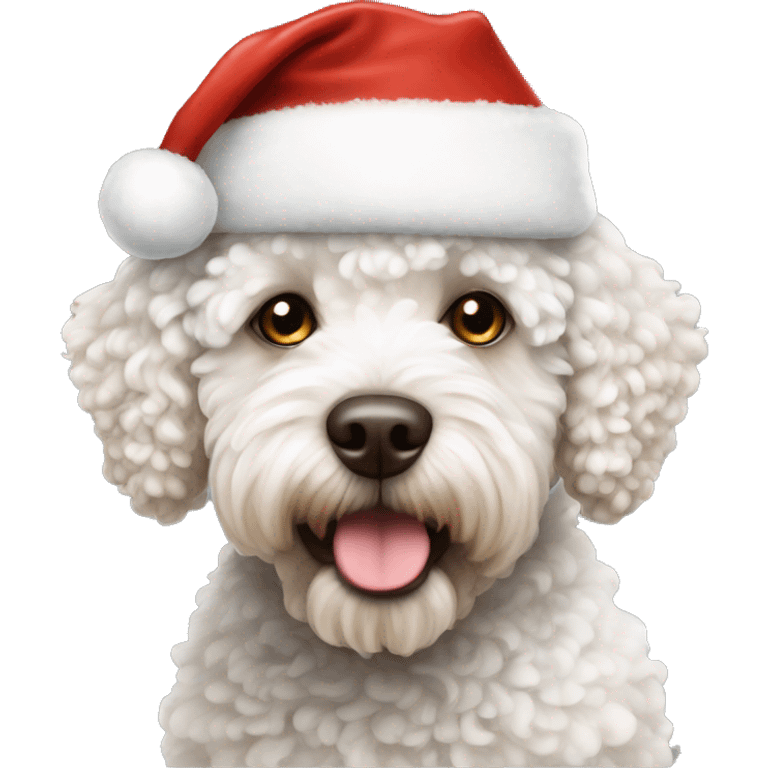 A white lagotto dog wearing a Santa Claus hat  emoji