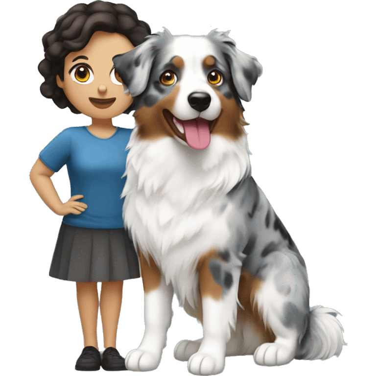 Brunette woman with short hair holding blue Merle Australian shepherd emoji