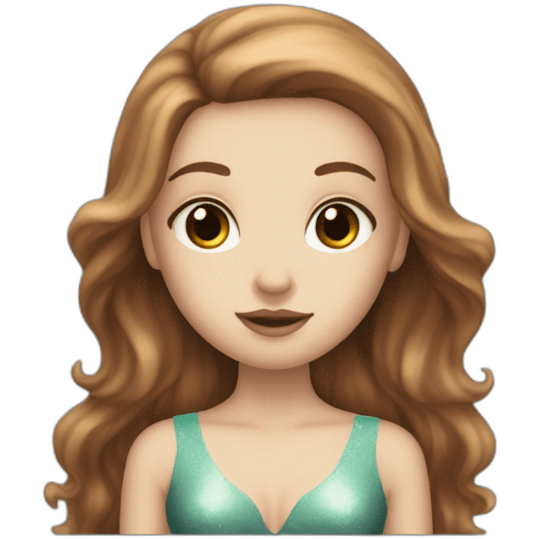 White girl with black eyes and long brown hair with a dreamy fish or mermaid looking face emoji