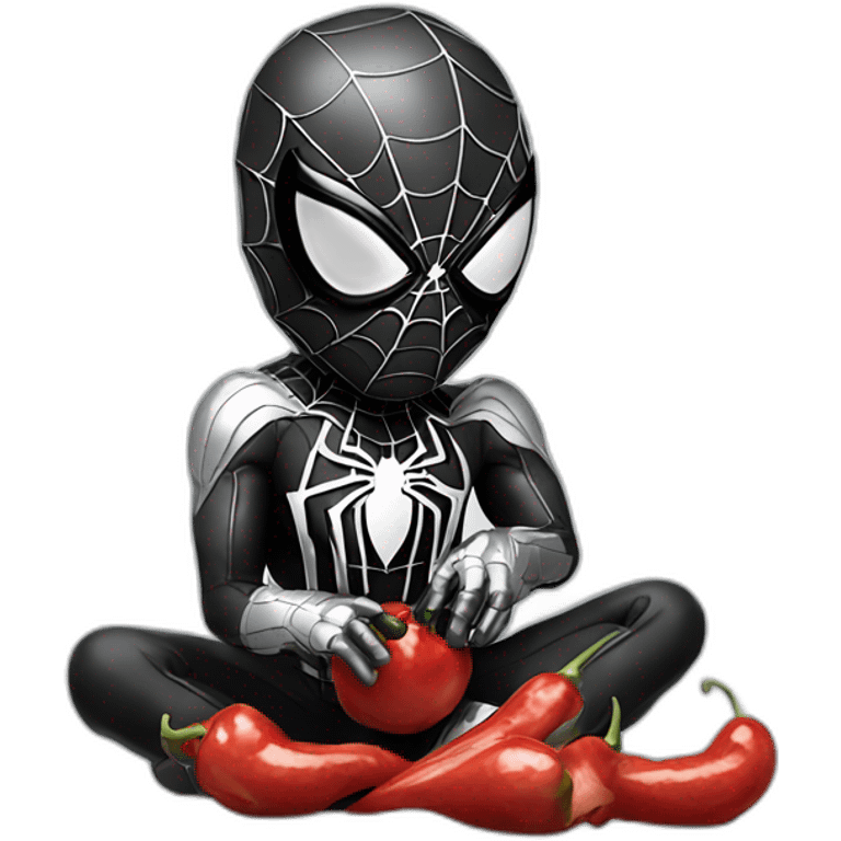 spider-man with his black white and silver suit eating a red hot chili emoji