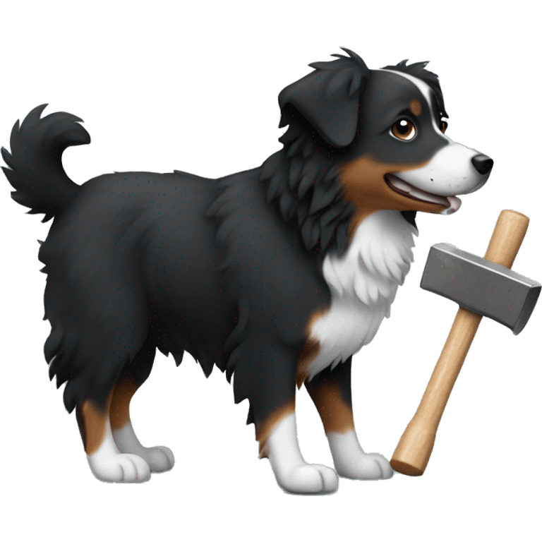 Small black australian shepherd dog building with hammer  emoji