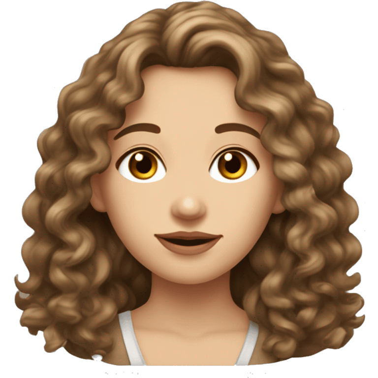 Lady long curly brown hair attractive face brown eyes attractive lips square jaw high cheek bones looks European  emoji