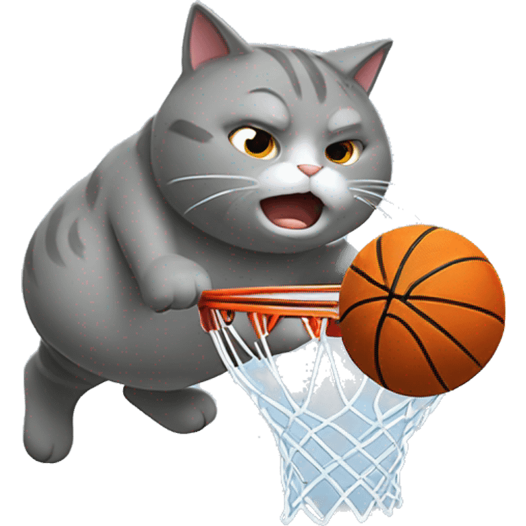 grey fat cat slam dunking basketball between legd emoji