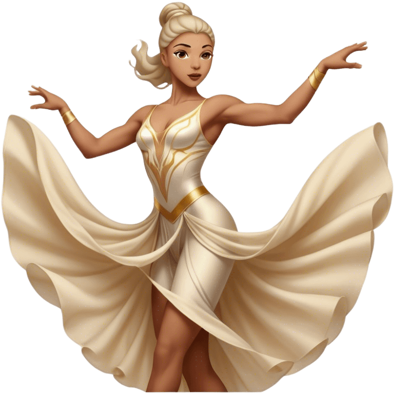 Cinematic Realistic Dance Poses, an elegant dancer mid-motion, muscles tensed with control, soft fabric of their attire flowing with movement, dramatic lighting highlighting the graceful lines, glowing with passion and poise. emoji