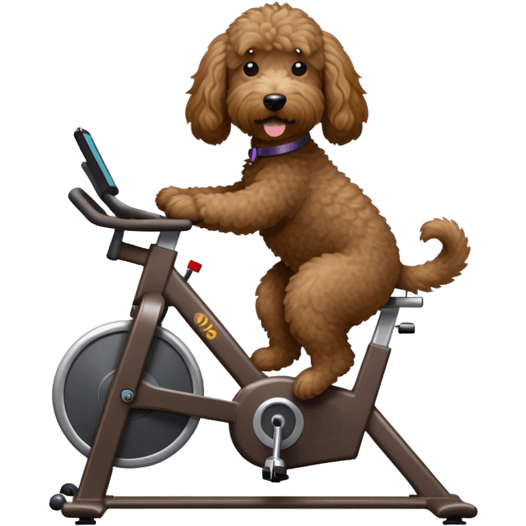 Dark brown goldendoodle riding a spin bike emoji