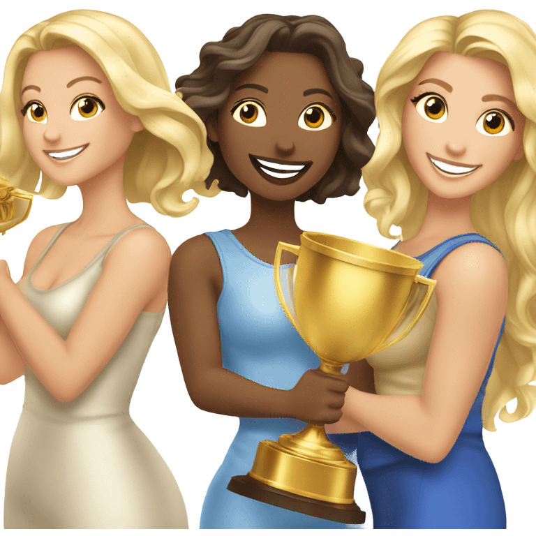 Seven beautiful blonde and brunette women celebrating with a huge gold trophy emoji