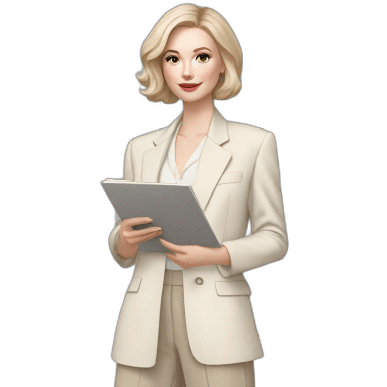 pale skin woman with ash blonde Straightened bob Hair, White Spacious classical jacket, beige palazzo Arrow pants and gray blouse holding a color palette in the hands emoji