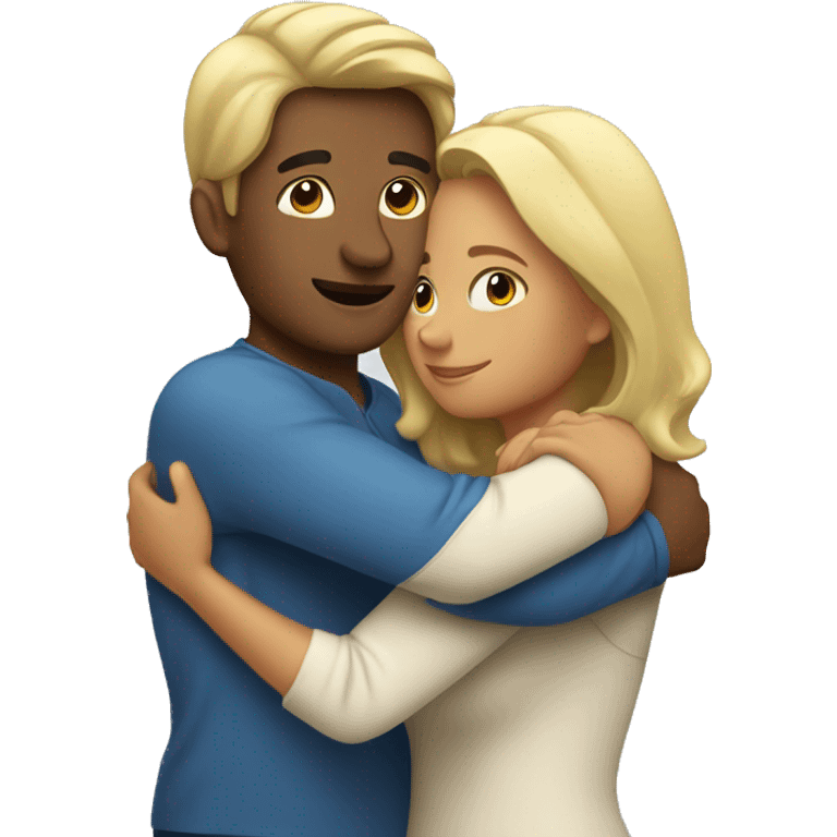 Blond man and hispanic woman hug each other emoji