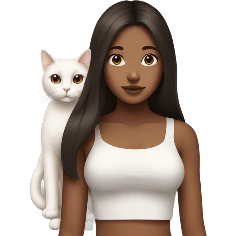 Tan girl with dark brown long hair holding a white cat with a croptop emoji