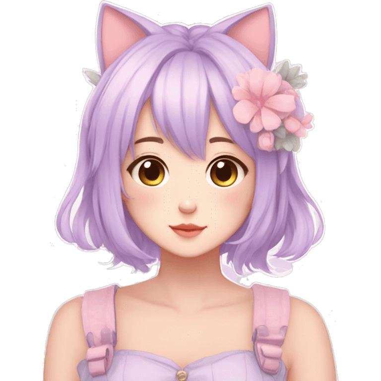 Gorgeous pastel anime girl with blushing face and hair garnitures and pretty hair and cat ears aesthetic trending style emoji