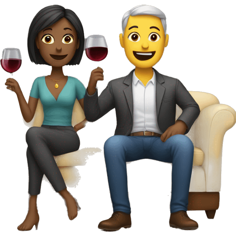 man and woman sitting on a couch drinking wine emoji