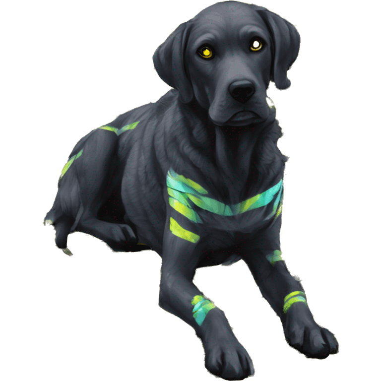 .Zombie_ Vaporwave black holographic oilslick zombie yellow Labrador zombie dog yellow caution tape graffiti stripes yellow and black stripes emoji