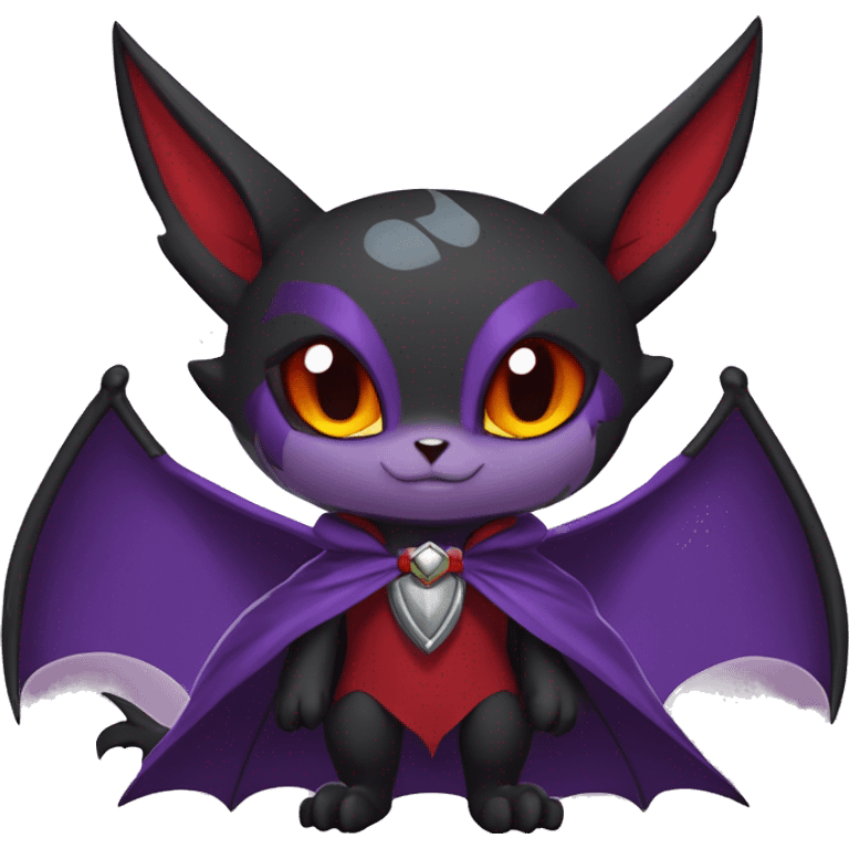  Black Red Purple Anthro Kawaii Edgy Cool Vampiric Demonic Beautiful Noivern-Nargacuga-Litten with big Bat Ears and wearing a cape and collar full body emoji