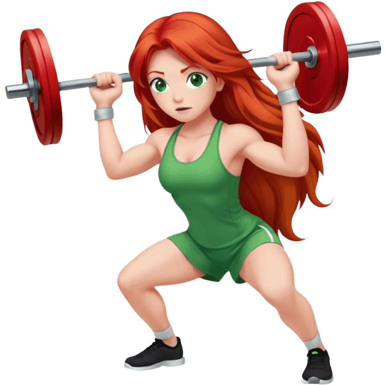 A long-haired red-haired girl with fair skin and green eyes is pressing the barbell emoji