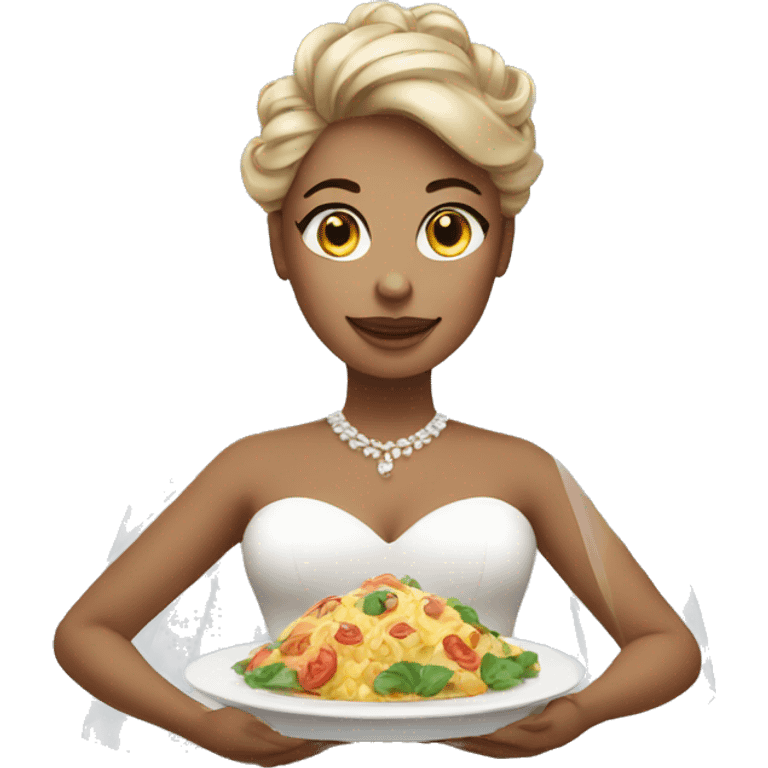 a woman on wedding dress holding a plate of food emoji