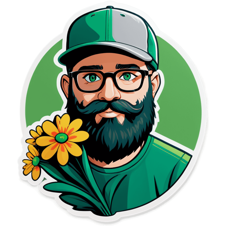 A bold man with a grey baseball cap, green eyes, big beard and glasses, holding a bouquet of flowers  emoji