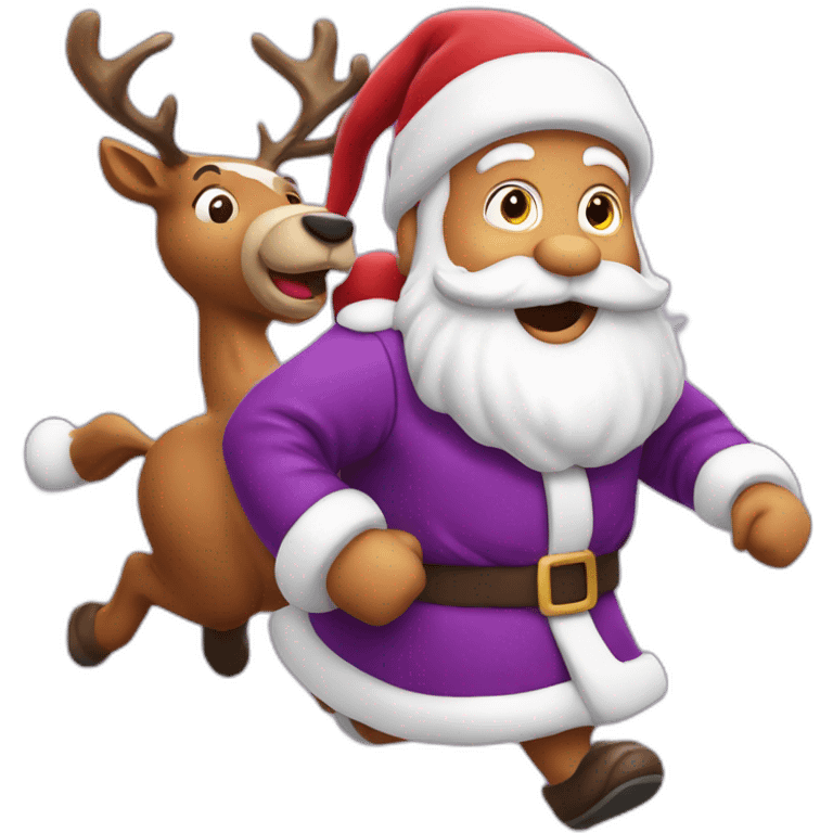 Santa Claus dressed in purple running with the reindeer to deliver the presents emoji