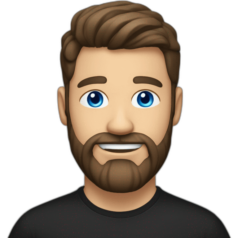 White man with a sun kissed tan, blue eyes and dark brown hair, styled sideways backwards. He has a beard and mustache trimmed. Wears s black t-shirt. emoji