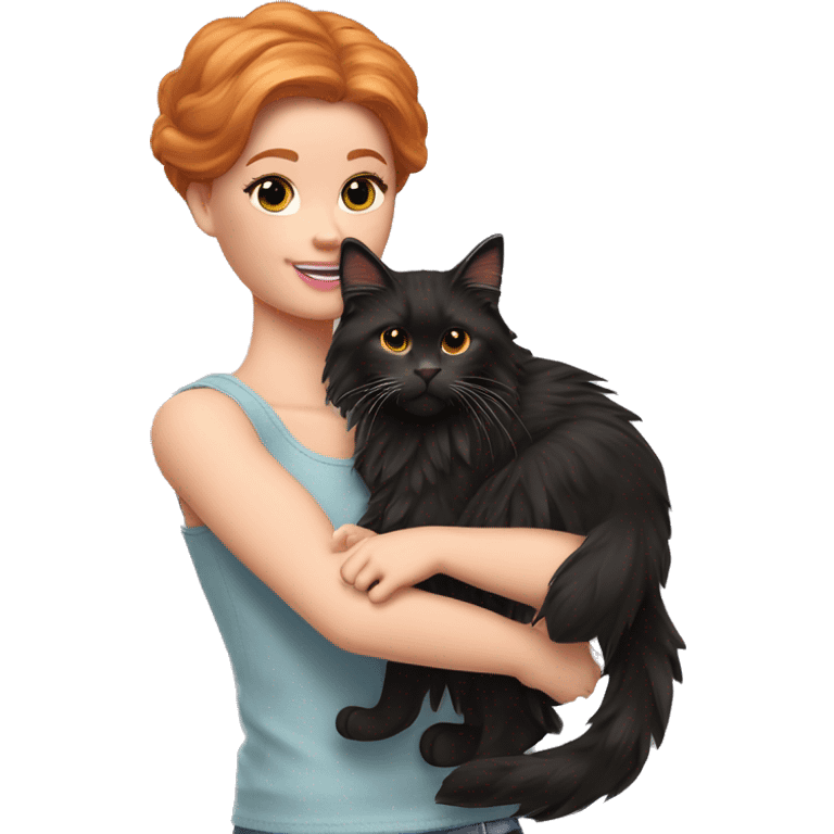 Barbie girl with ginger hair Holds in his arms Black Maine coon emoji