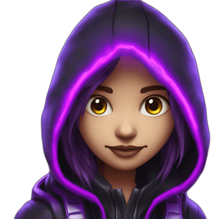 Girl developer behind his laptop with this style : Crytek Crysis Video game neon glowing bright purple character purlple black hooded hacker themed character emoji