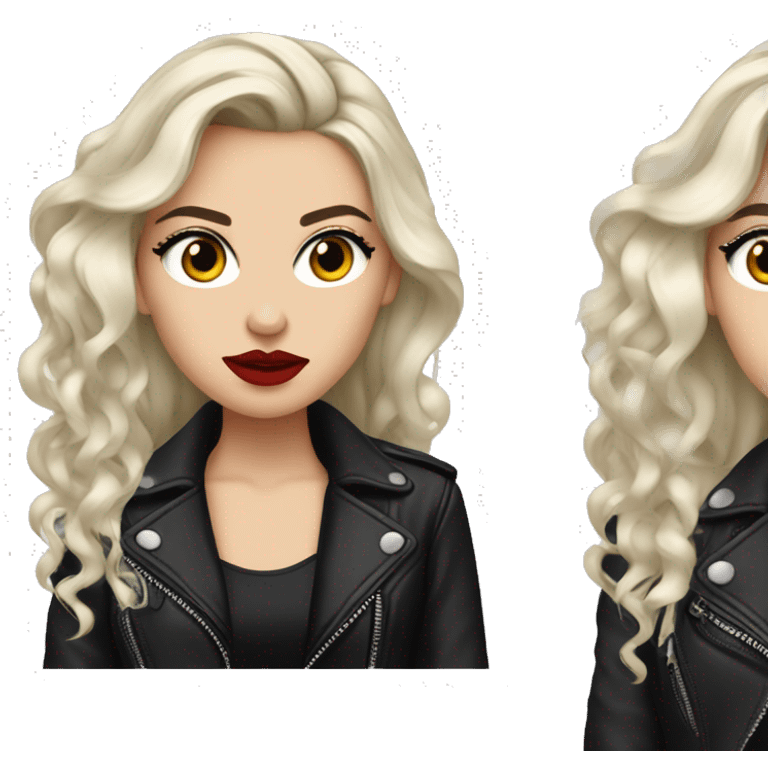 White girl, with long curly black hair, with red lipstick, black winged eyeliner, wearing black shirt and black leather jacket, rolling her eyes in annoyance  emoji