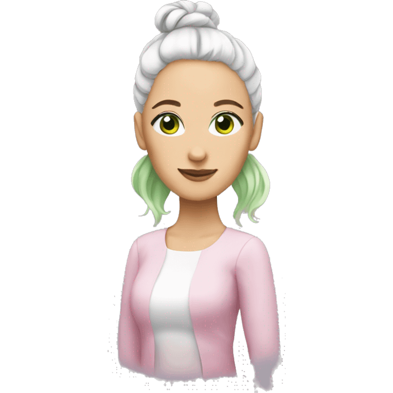 woman with white and pink hair in buns.  She has green eyes. emoji