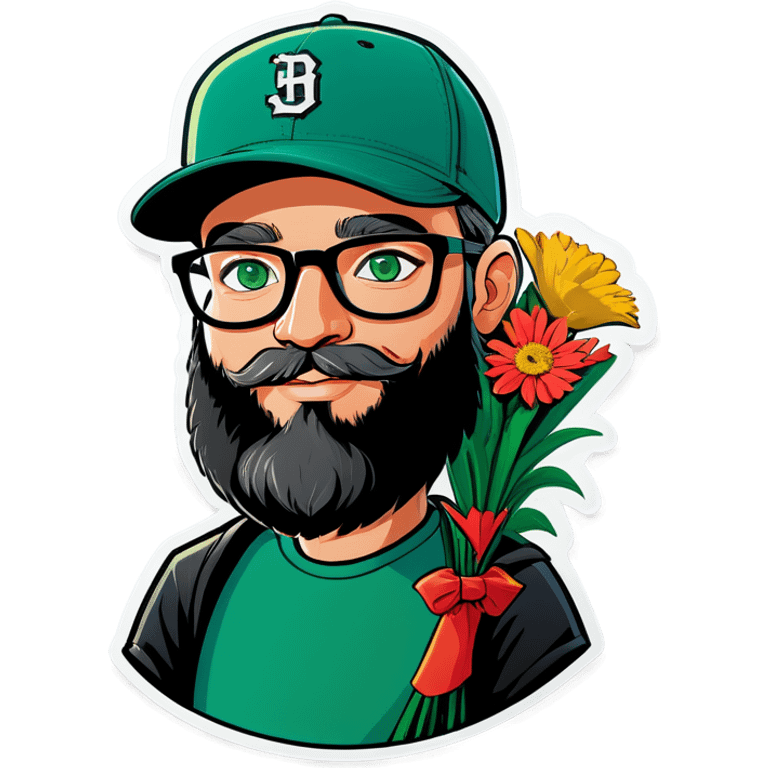 A bold man with a grey baseball cap, green eyes, big beard and glasses, holding a bouquet  emoji