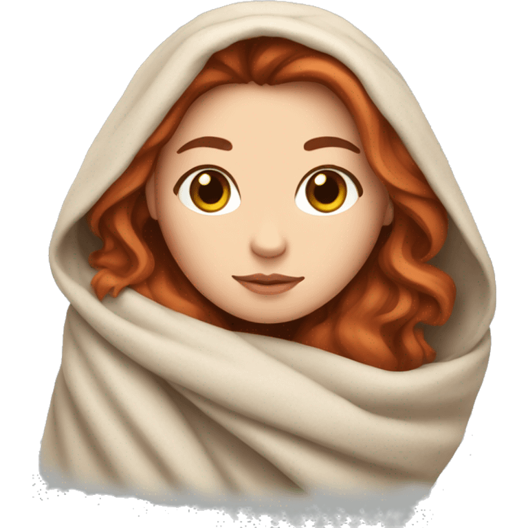 A white girl with brown hair wrapped in a blanket with a red cat emoji