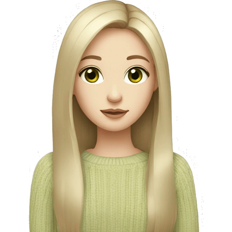 Girl with black straight long hair pale skin light green eyes and beige sweater  emoji