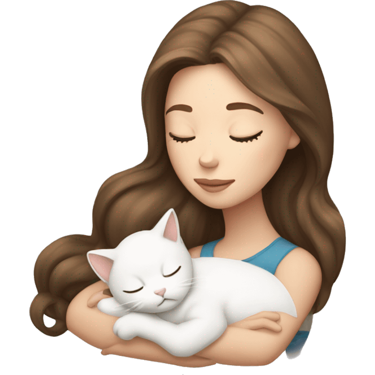 White girl brown hair sleeping with white kitty emoji