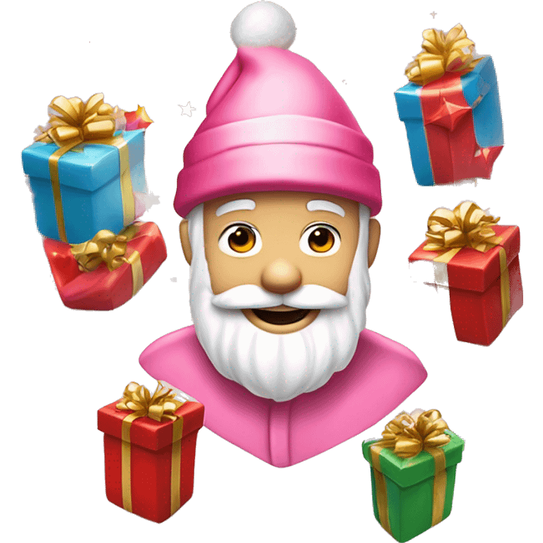 ￼ Santa Claus carried by pink elves surrounded by bright gifts with neide and red stars emoji