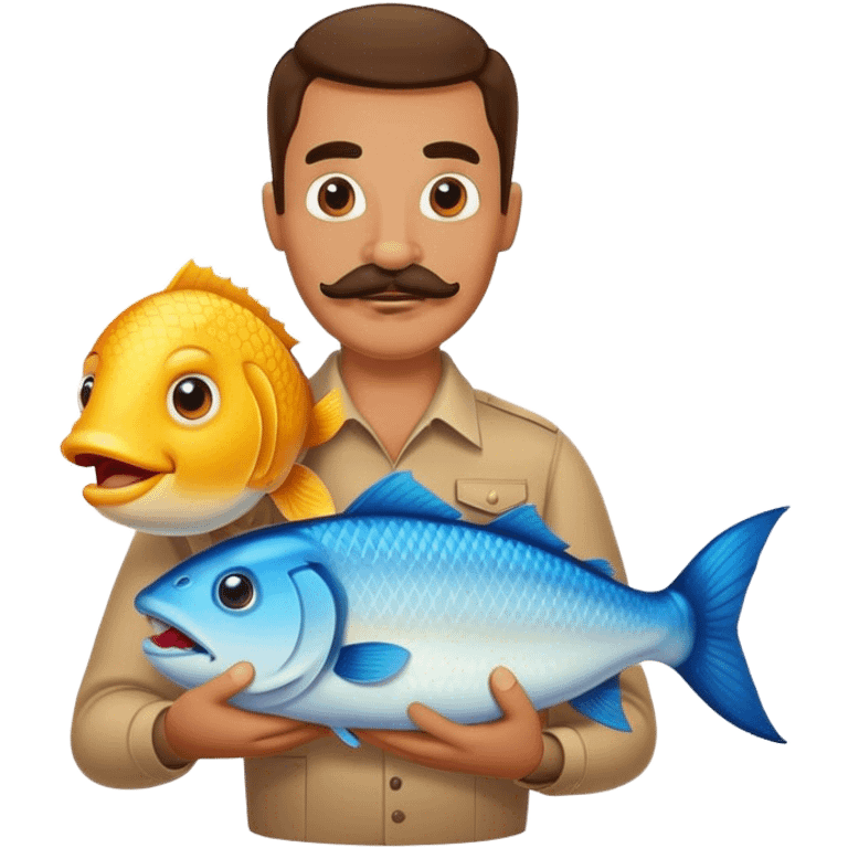 Man with mustache holding a big fish emoji