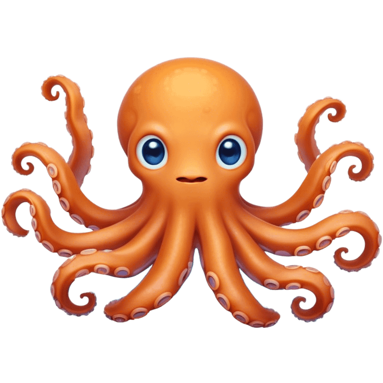 Cinematic Cute Octopus Portrait Emoji, Head tilted playfully and inquisitively, featuring a rounded, light orange body embellished with playful blue rings, eight adorably curling arms, and big, twinkling eyes full of wonder, Simplified yet irresistibly adorable features, highly detailed, glowing with a warm, inviting underwater glow, high shine, affectionate and lively, stylized with a touch of whimsical cartoon charm, soft glowing outline, capturing the essence of a mischievous yet loving octopus that seems as if it could bob out of the screen into your arms! emoji