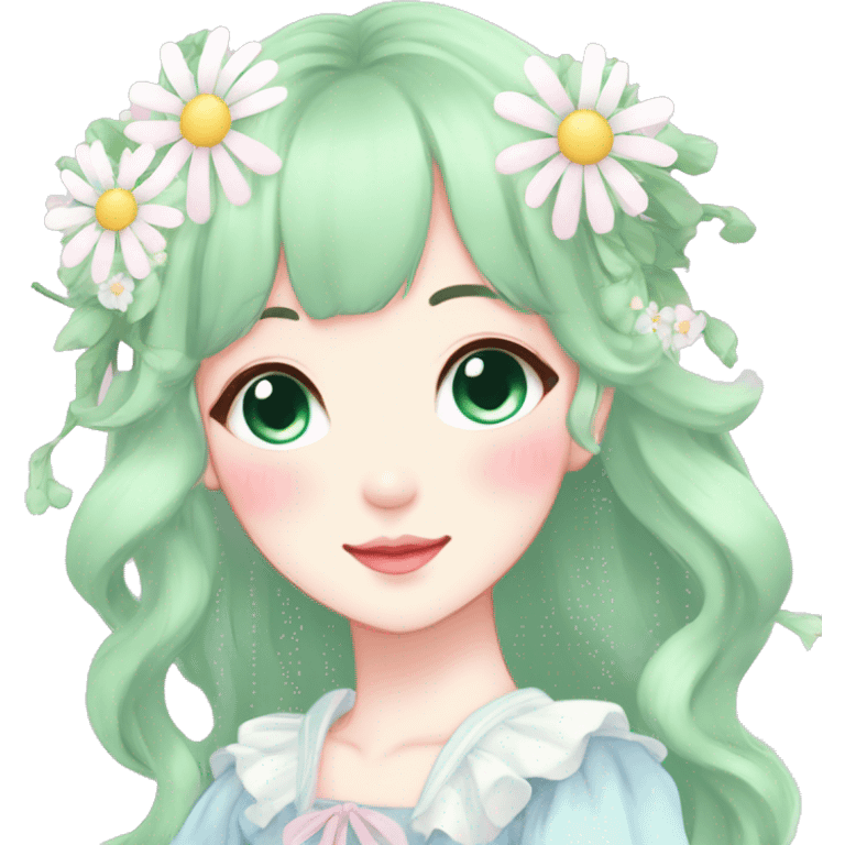 Gorgeous pastel anime style lady with blushing face and daisies cottagecore fairycore pastelcore colorful pearly romantic simplistic aesthetic trending style emoji