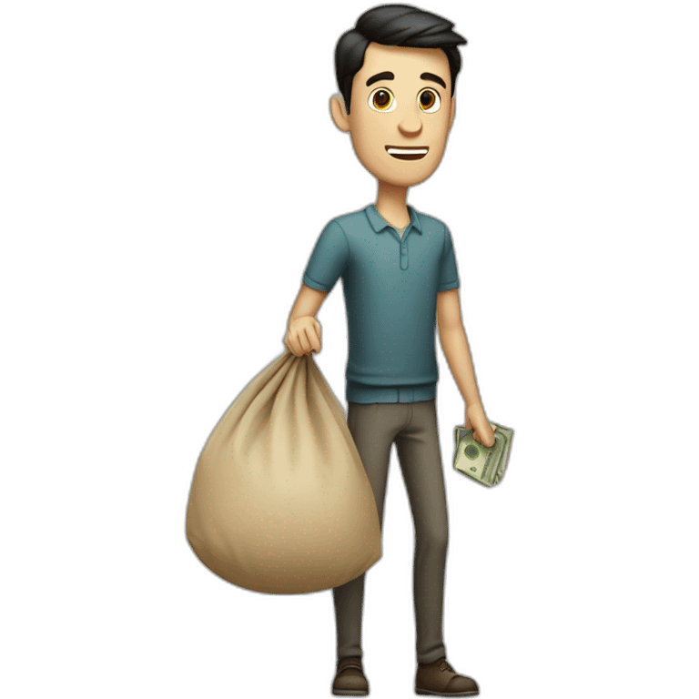 tall skinny white man with short dark hair carrying a big sack of money emoji