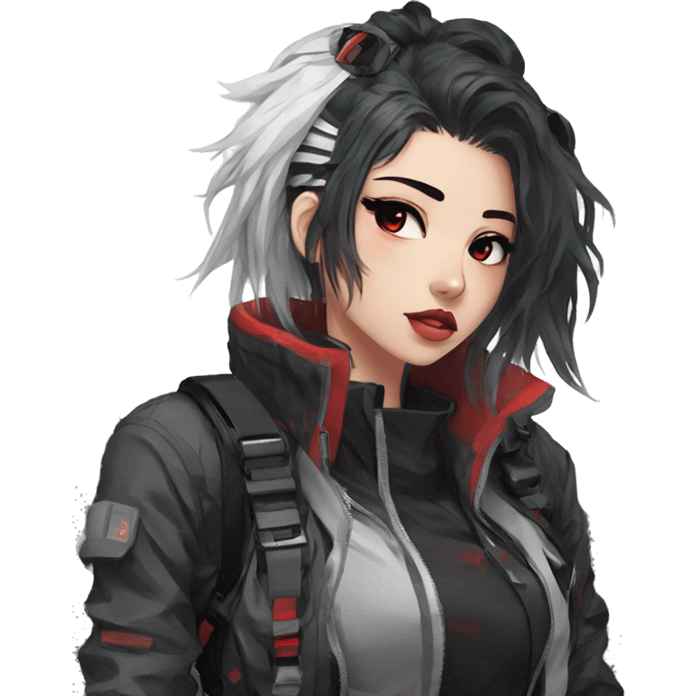 Gorgeous techwear anime style lady with blushing face aesthetic and pretty edgy black red white punk messy hair with collar and harness trending style emoji