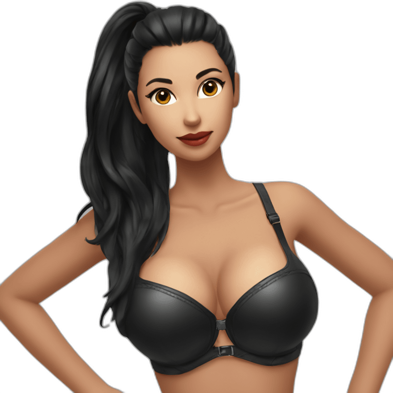 leather bra; seductive sexy girl; black ponytail hair; emoji