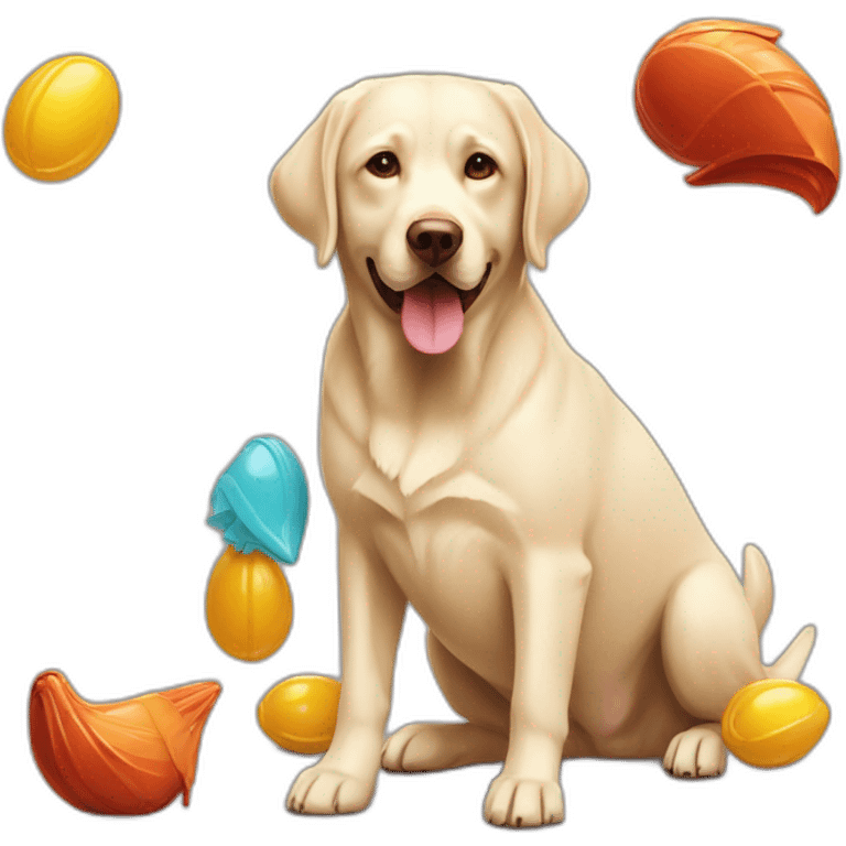 Chocolatz-labrador-playing-with-plastic-rooster emoji