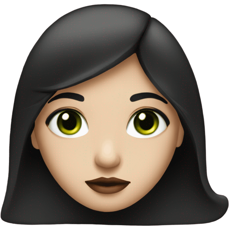 A girl has white skin, black hair and green eyes. Her lips are red emoji