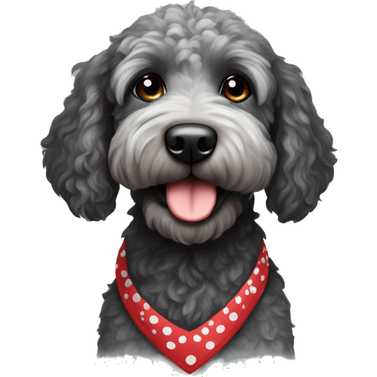 mini black and grey spotted labradoodle dog with red bandana around neck emoji