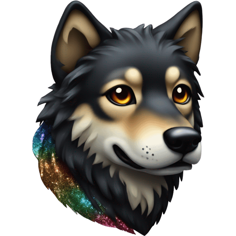 Wolf dog all black and rainbow glitter fur emoji