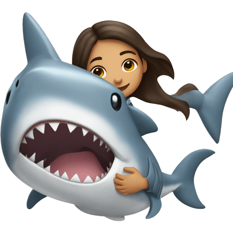 brunette girl hugging a shark emoji