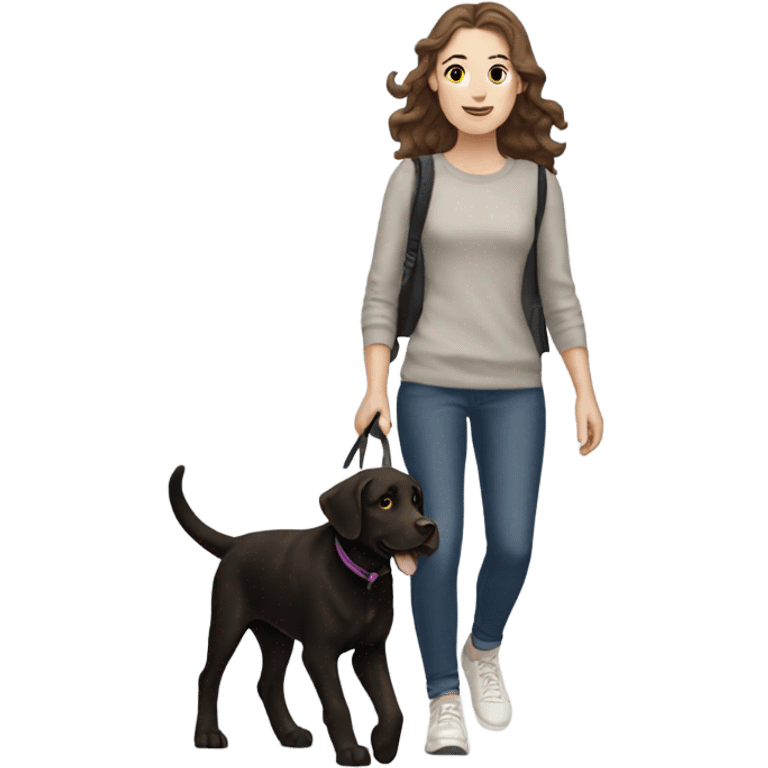 White girl with wavy brown hair walking a black Labrador emoji