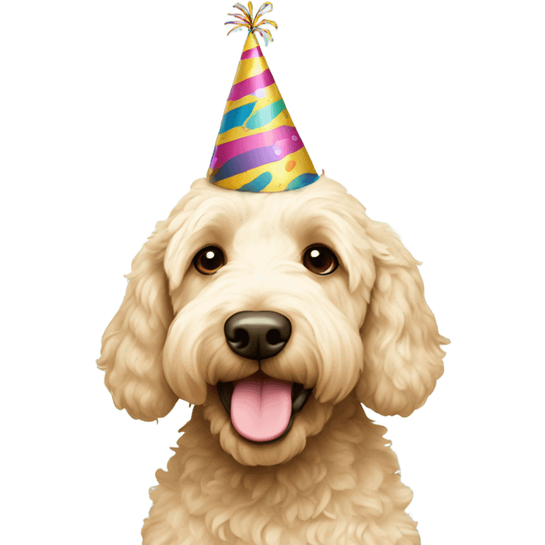 Cream labradoodle in birthday hat emoji