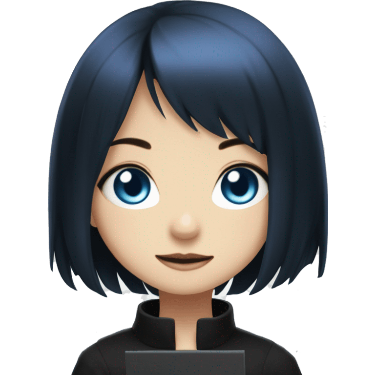 A girl with black bob-cut hair and blue eyes. She is holding a manga titled 'Jujutsu Kaisen'. emoji