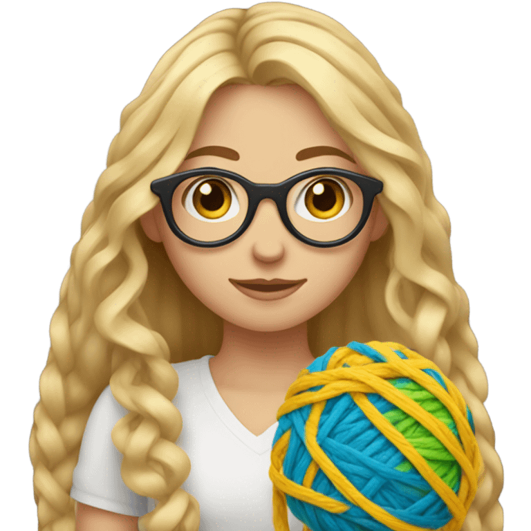 Blond long hair girl with blue eyes and glasses with yarn in her hand 
 emoji