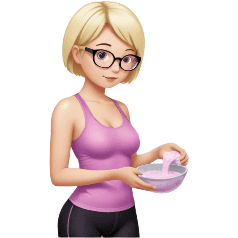 Thick fair skinned woman, short blond hair, small light purple reading glasses, washing dishes, sheer pink tank top, showing natural breast shape SFW, black yoga pants, thick booty emoji