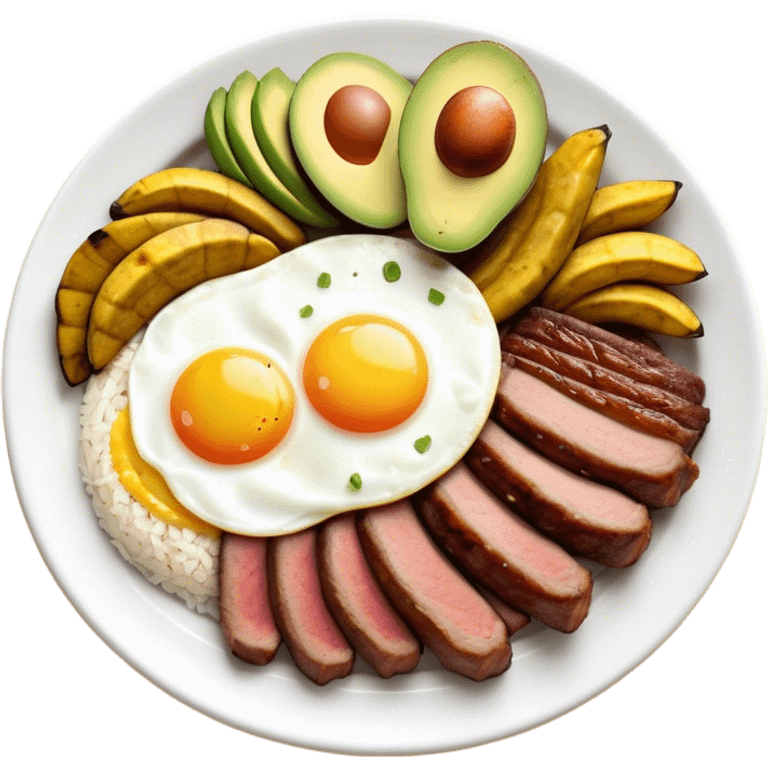 Cinematic Realistic Bandeja Paisa Dish Emoji, depicted as a hearty platter featuring beans, rice, meat, and plantains rendered with detailed textures and vibrant, robust lighting. emoji